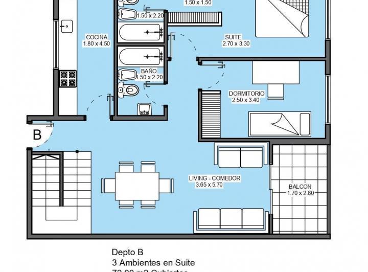 Departamento · 72m² · 3 Ambientes · 1 Cochera