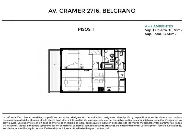 Departamento · 46m² · 2 Ambientes