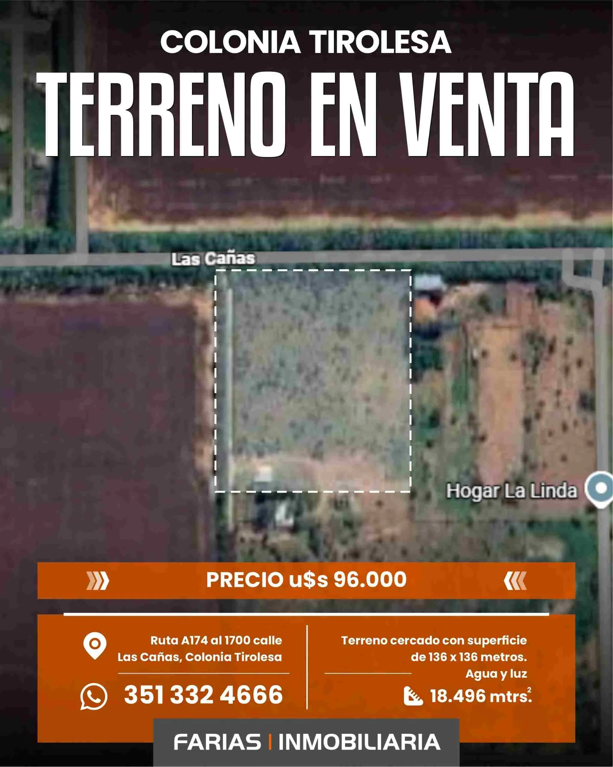 OpOrTuNiDaD VENTA TERRENO COL. TIROLESA 136 mts x 136 mts (18.496mts)