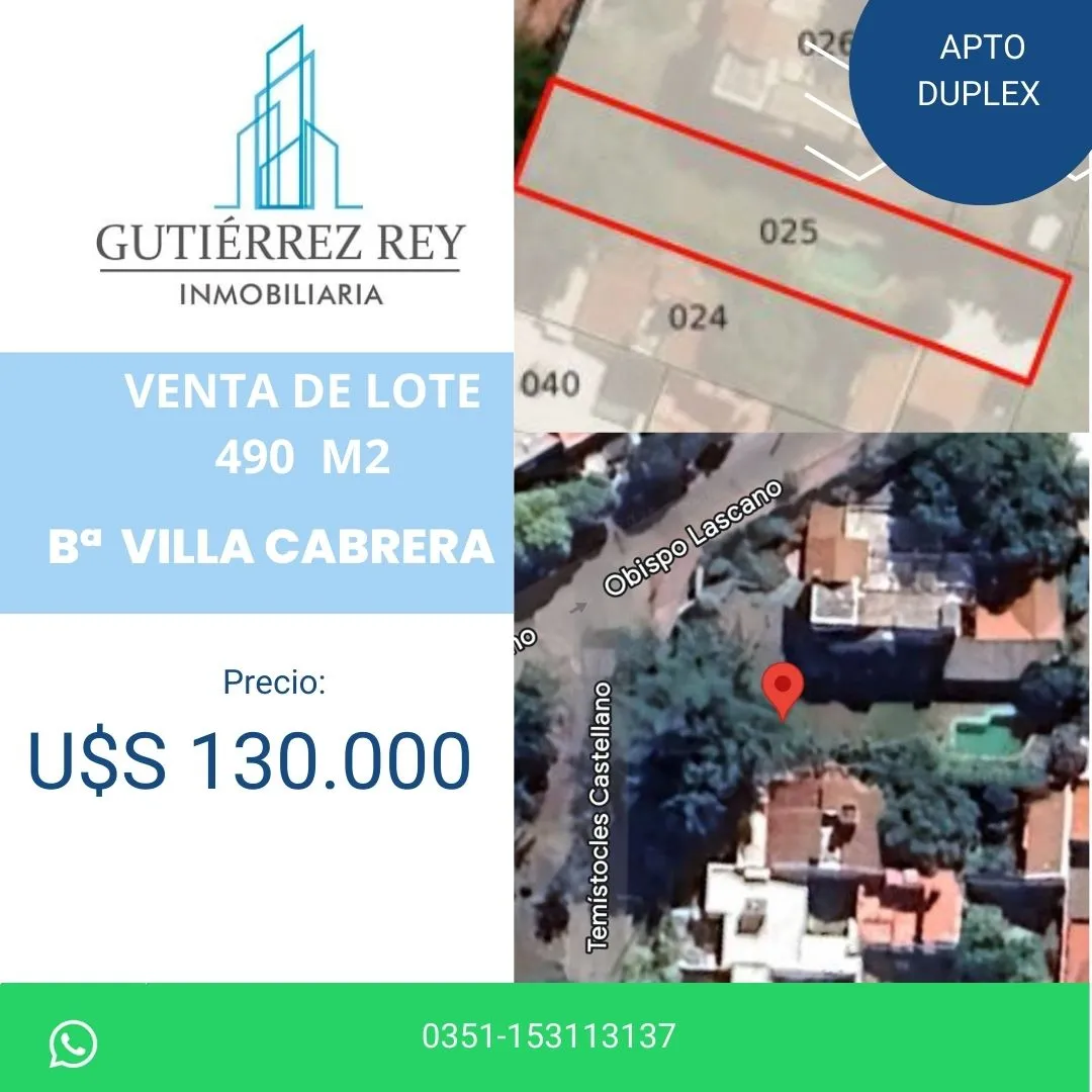 SE VENDE LOTE DE 490 M2 EN VILLA CABRERA