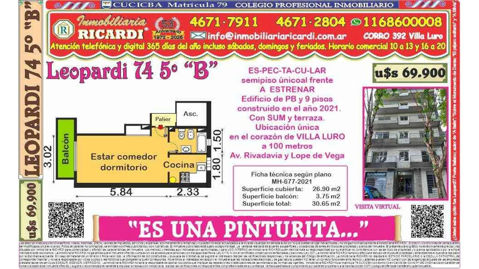ES UNA PINTURITA - Pisito único al frente A ESTRENAR.