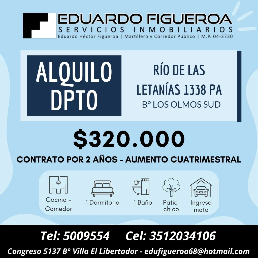 ALQUILO HERMOSO DPTO DE UN DORMITORIO PA EN B° LOS OLMOS SUD