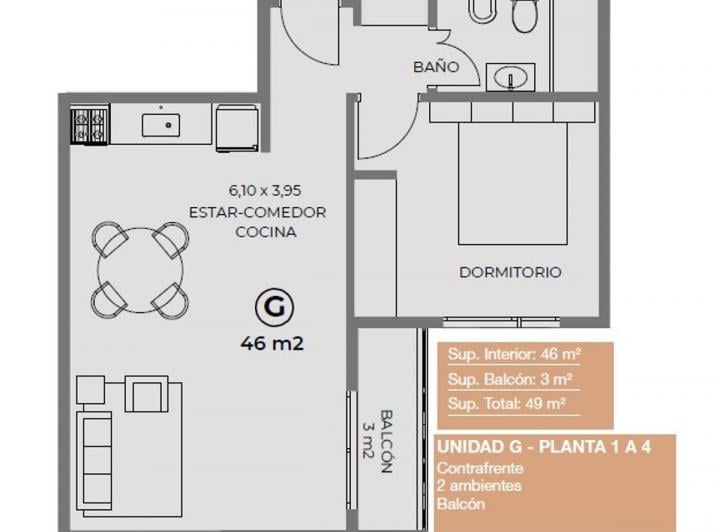 Departamento · 46m² · 2 Ambientes