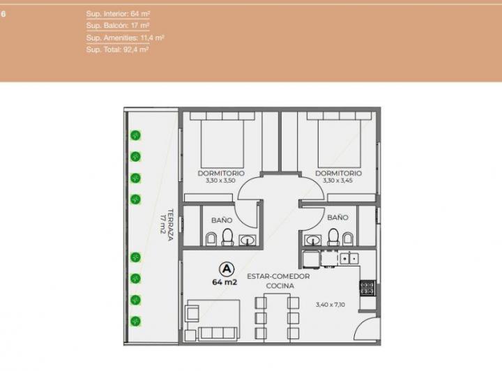 Departamento · 64m² · 3 Ambientes