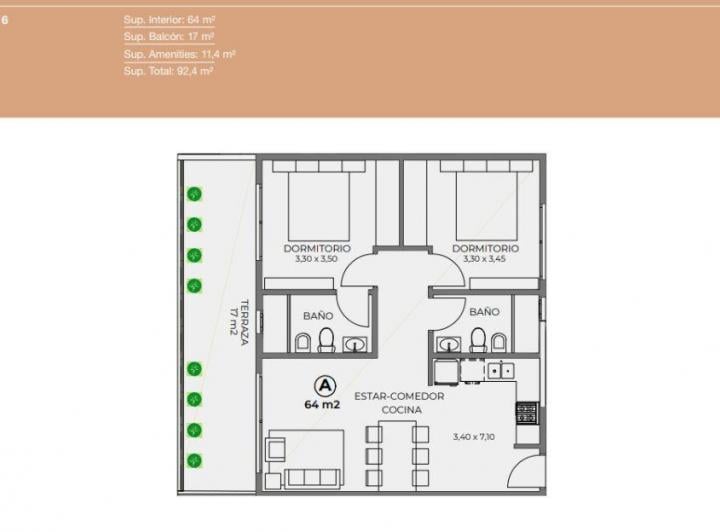 Departamento · 64m² · 3 Ambientes