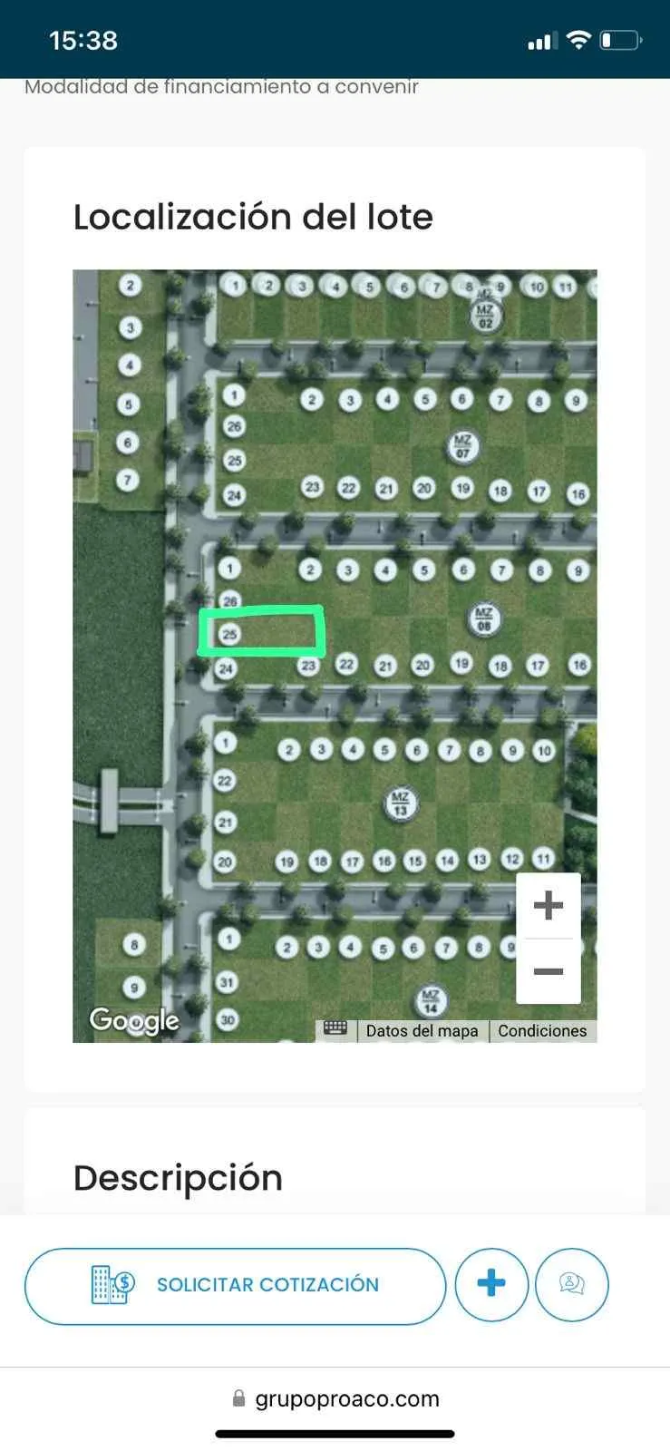 Lote en Docta con Posesion frente espacio Verde
