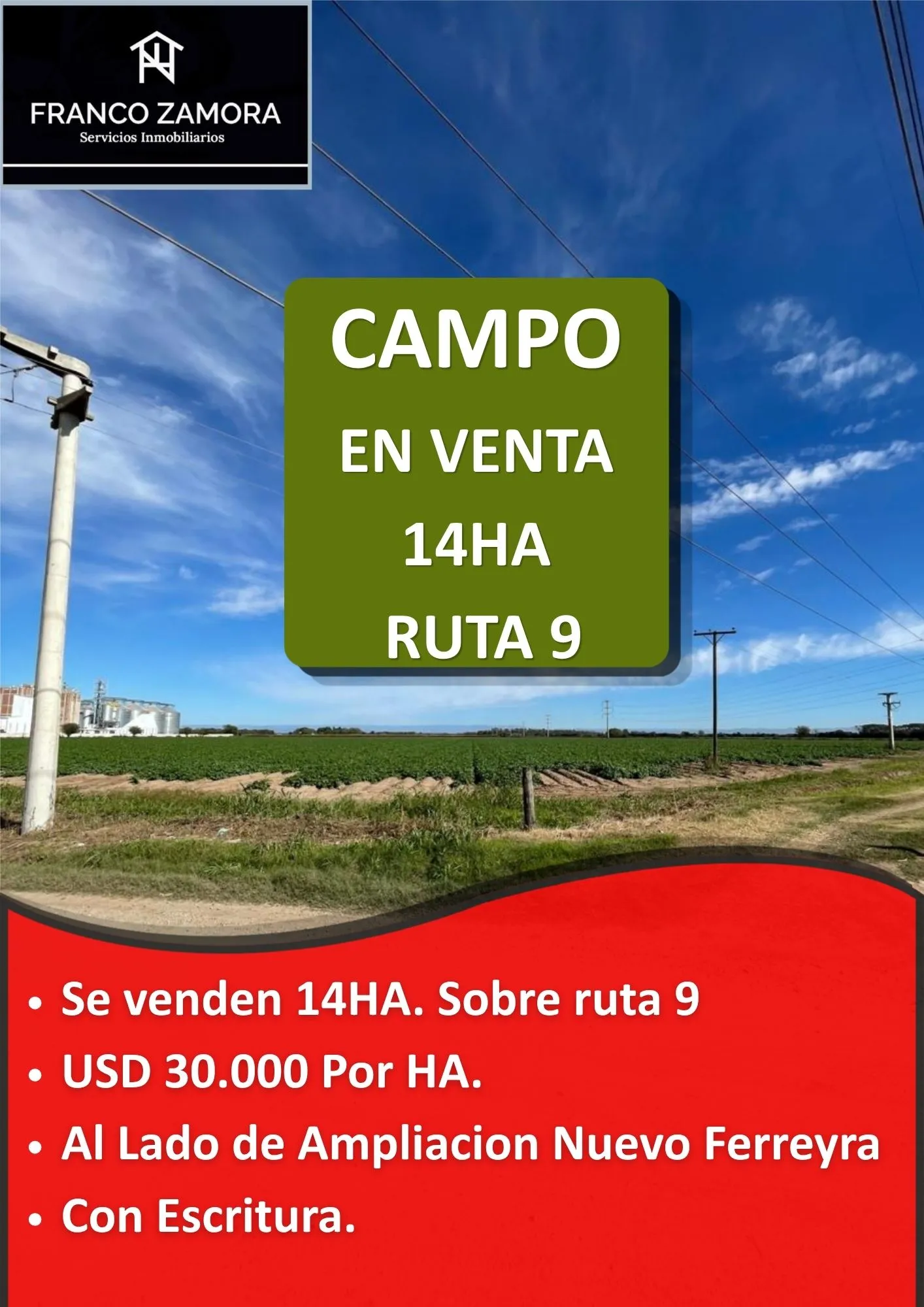 VENTA CAMPO 14 HA SOBRE LA RUTA 9!!