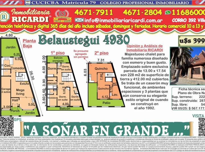 Casa · 412m² · 5 Ambientes · 2 Cocheras