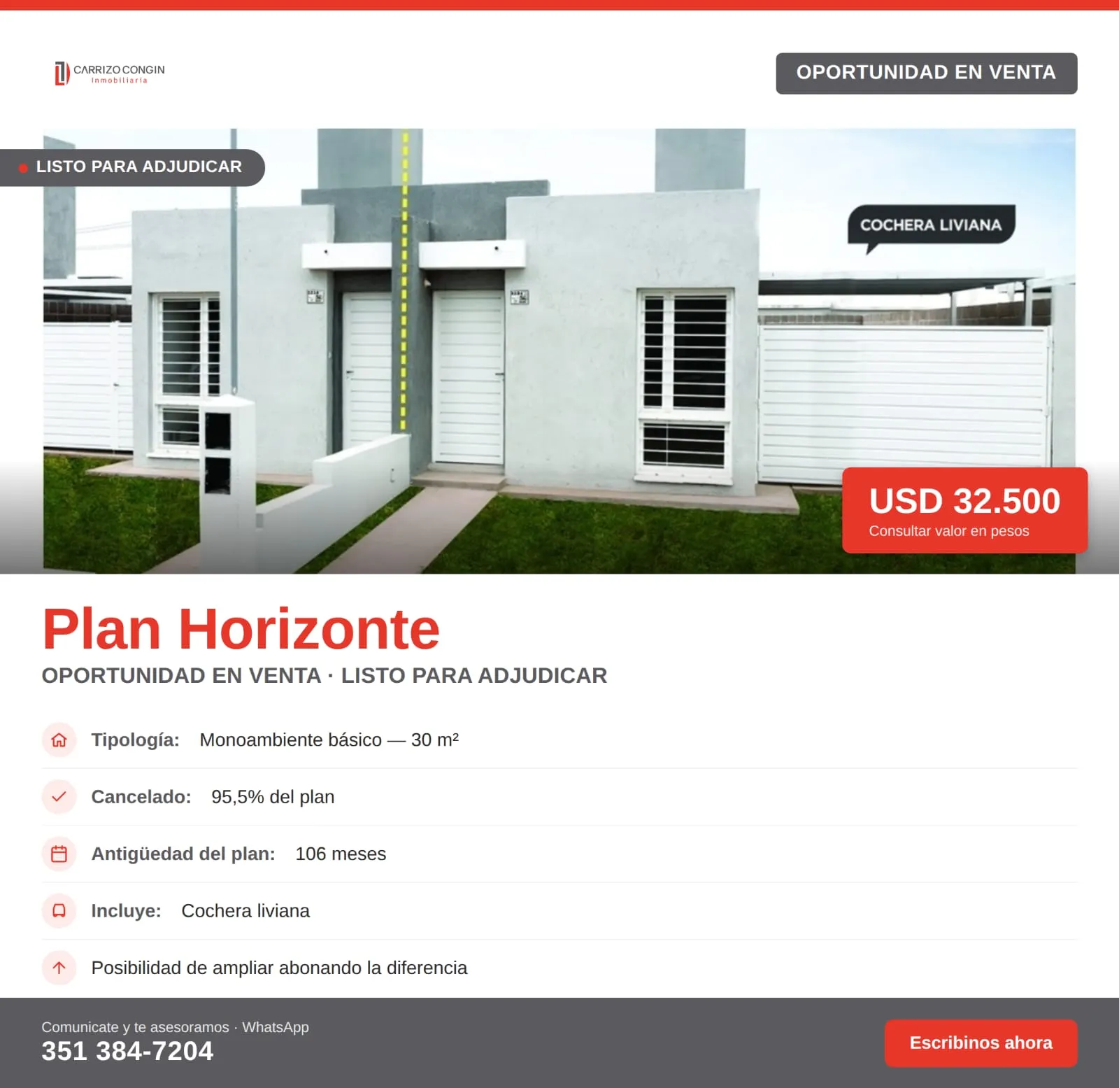 Venta Plan Horizonte listo para adjudicar 95,5% cancelado 106 meses de antiguedad tipologia monoambiente Basico