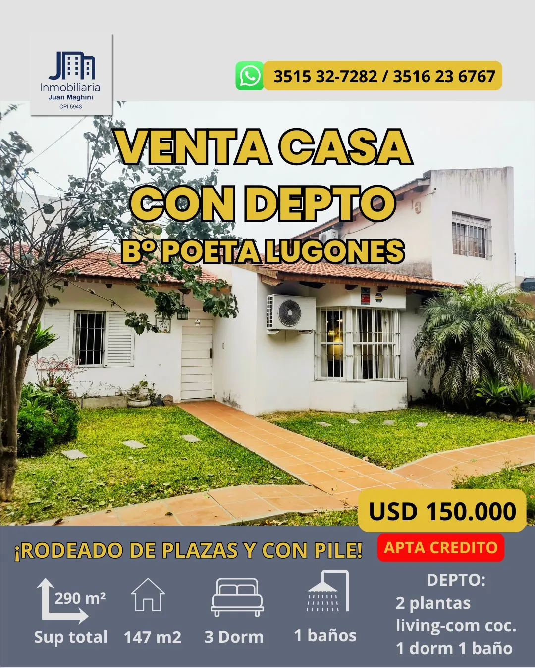 VENTA CASA 3 DORM + DEPTO 1 DORMI INDEPENDIENTE – B° Poeta Lugones ¡APTO CRÉDITO!