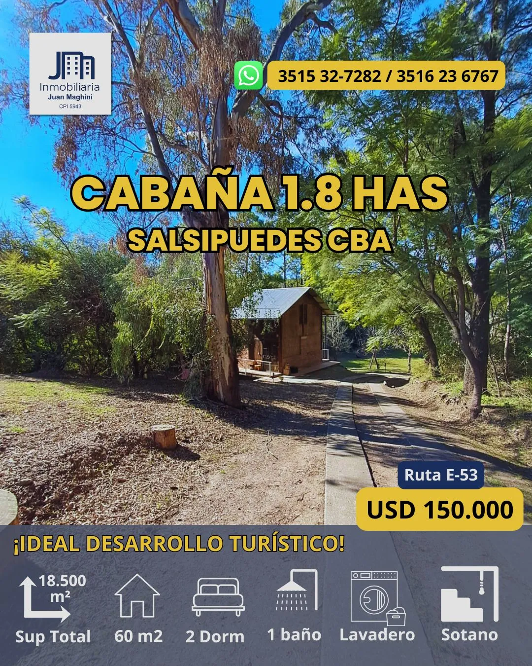 VENTA CABAÑA 1.8 HAS | SALSIPUEDES CBA | Ideal Inversión Sobre Ruta E53