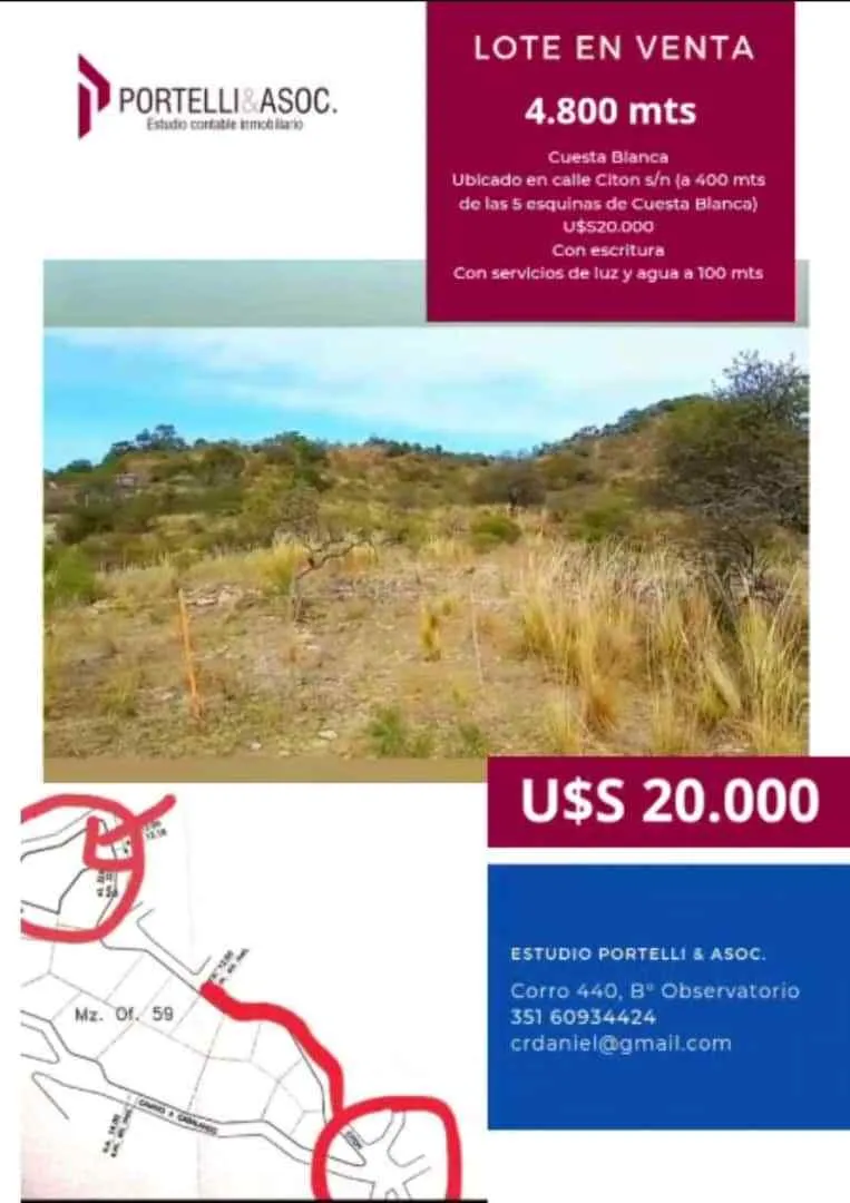 Venta -  Lote de 4.800 metros – Cuesta Blanca