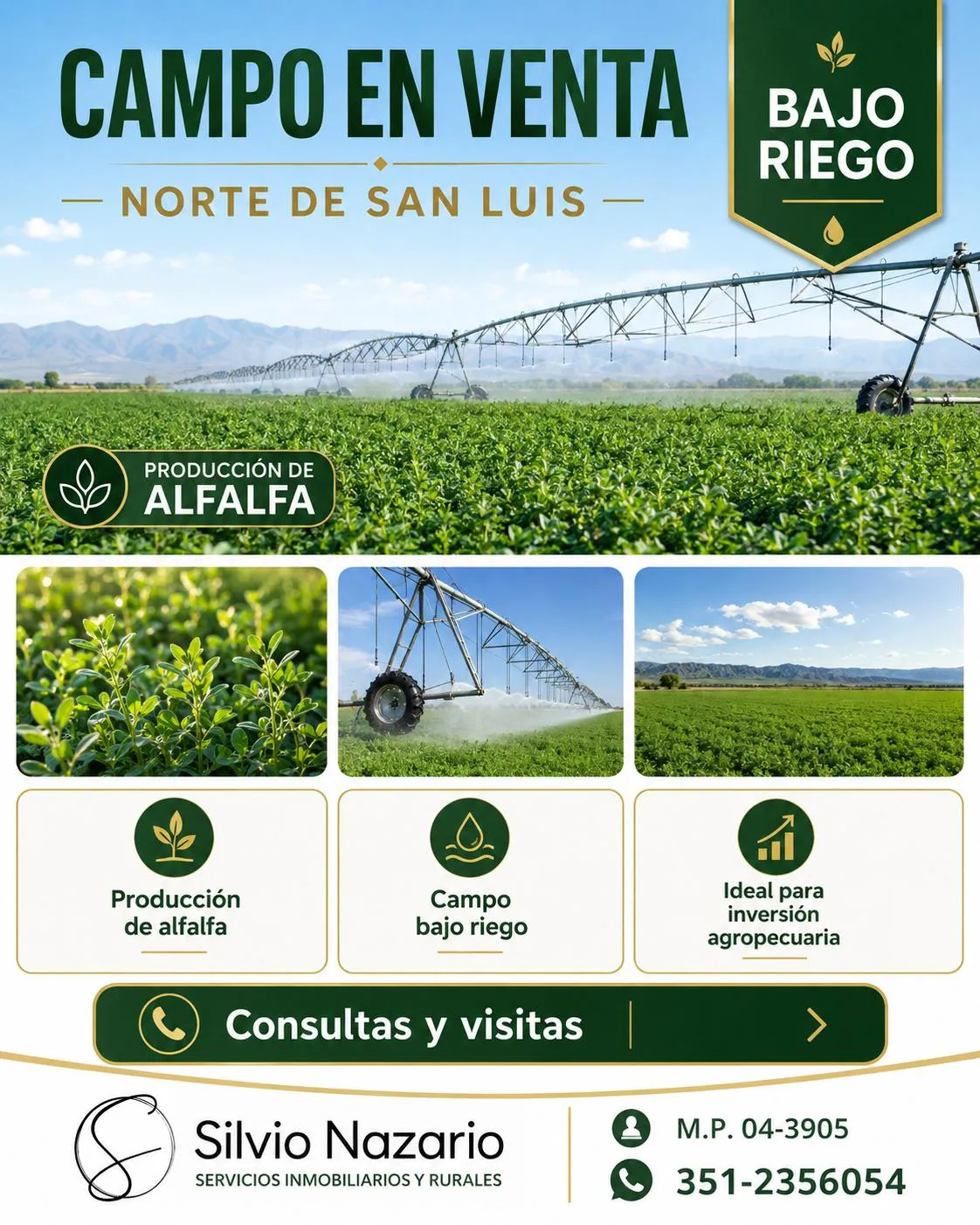 Campo bajo riego en venta  850 hectáreas en el norte de San Luis