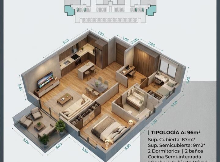 Departamento · 98m² · 3 Ambientes · 1 Cochera