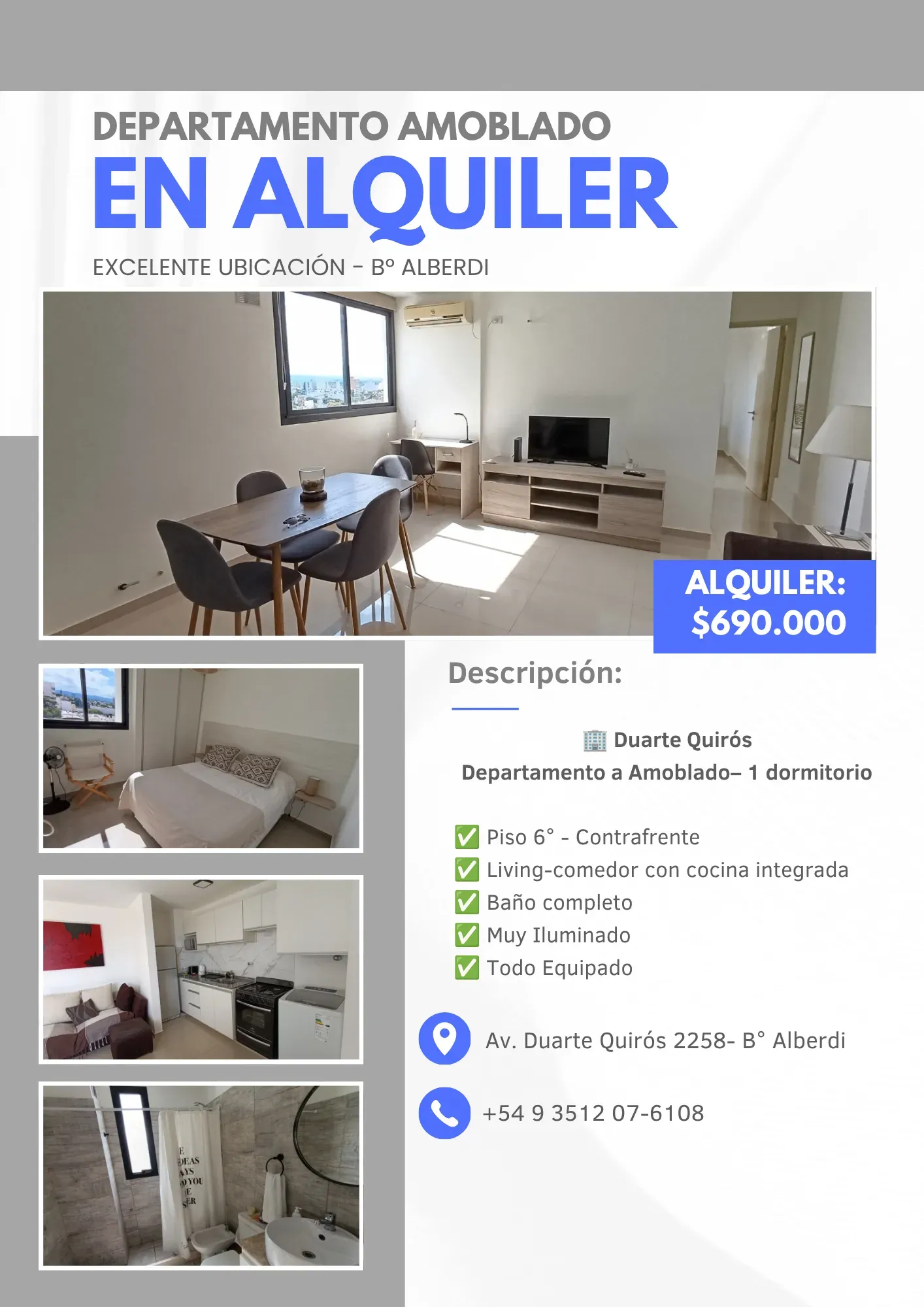 ALQUILER DPTO 1 DORMITORIO AMOBLADO - B° ALBERDI
