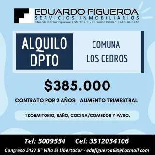 ALQUILO DPTO COMUNA LOS CEDROS, CBA