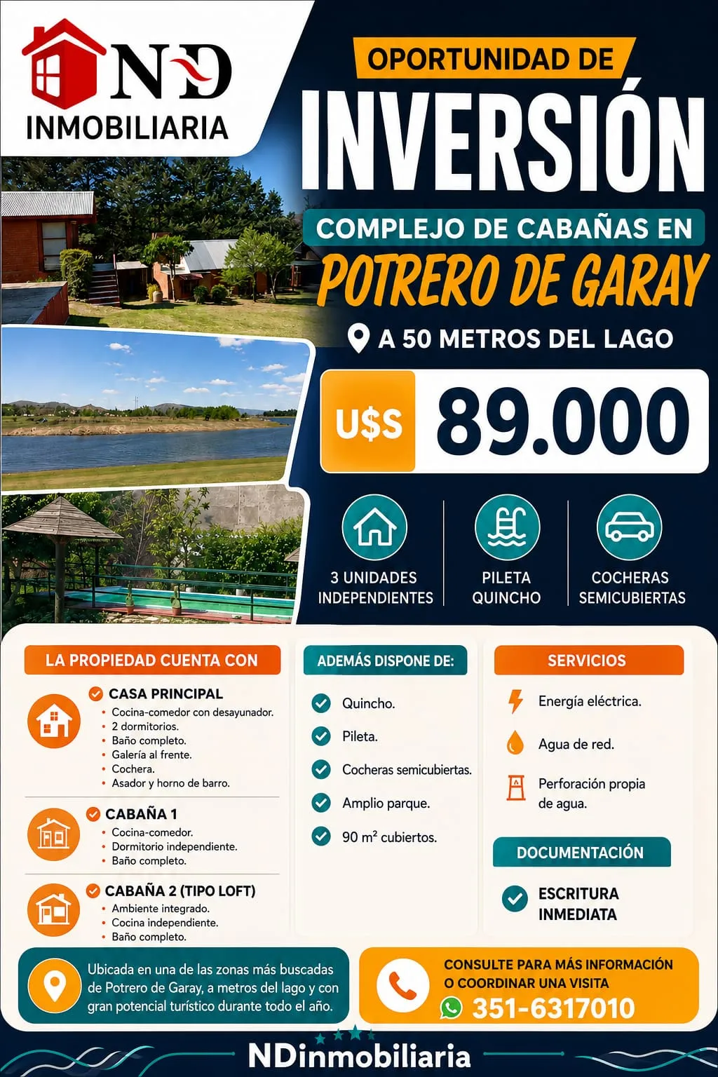 Oportunidad Venta cabañas en Potrero Garay a 50 metros del lago.