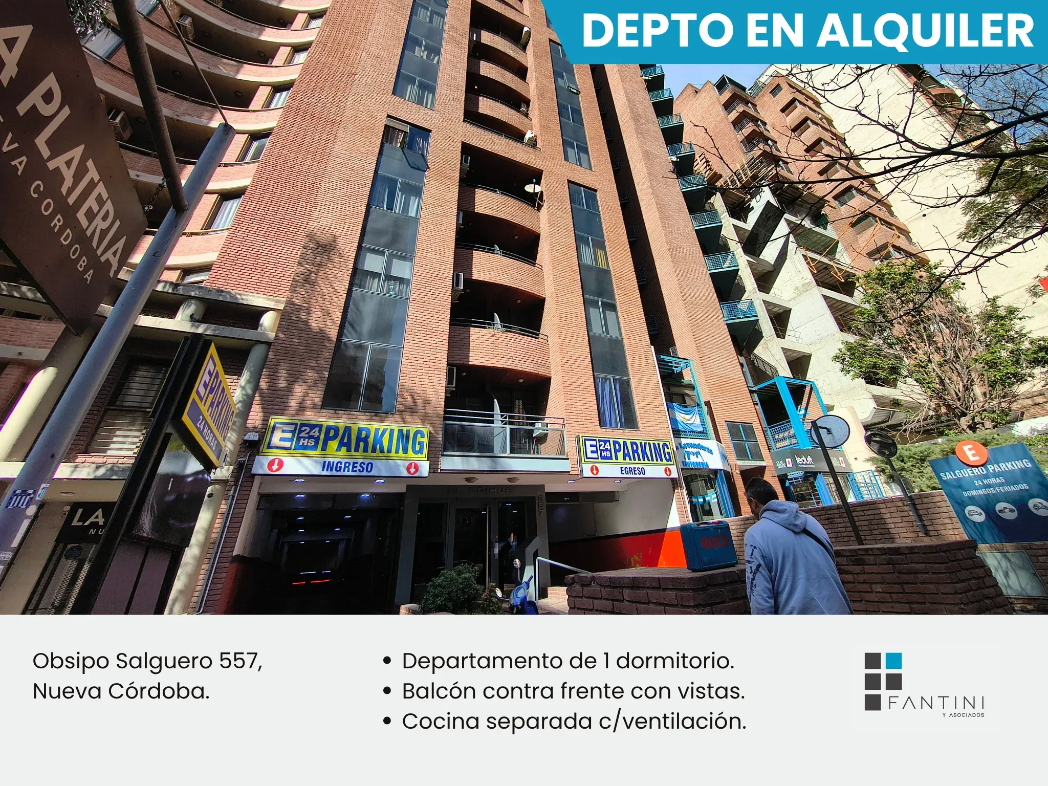 Alquiler Nueva Córdoba. 1 dormitorio c/balcón. Piso alto. Vistas. Obispo Salguero 500