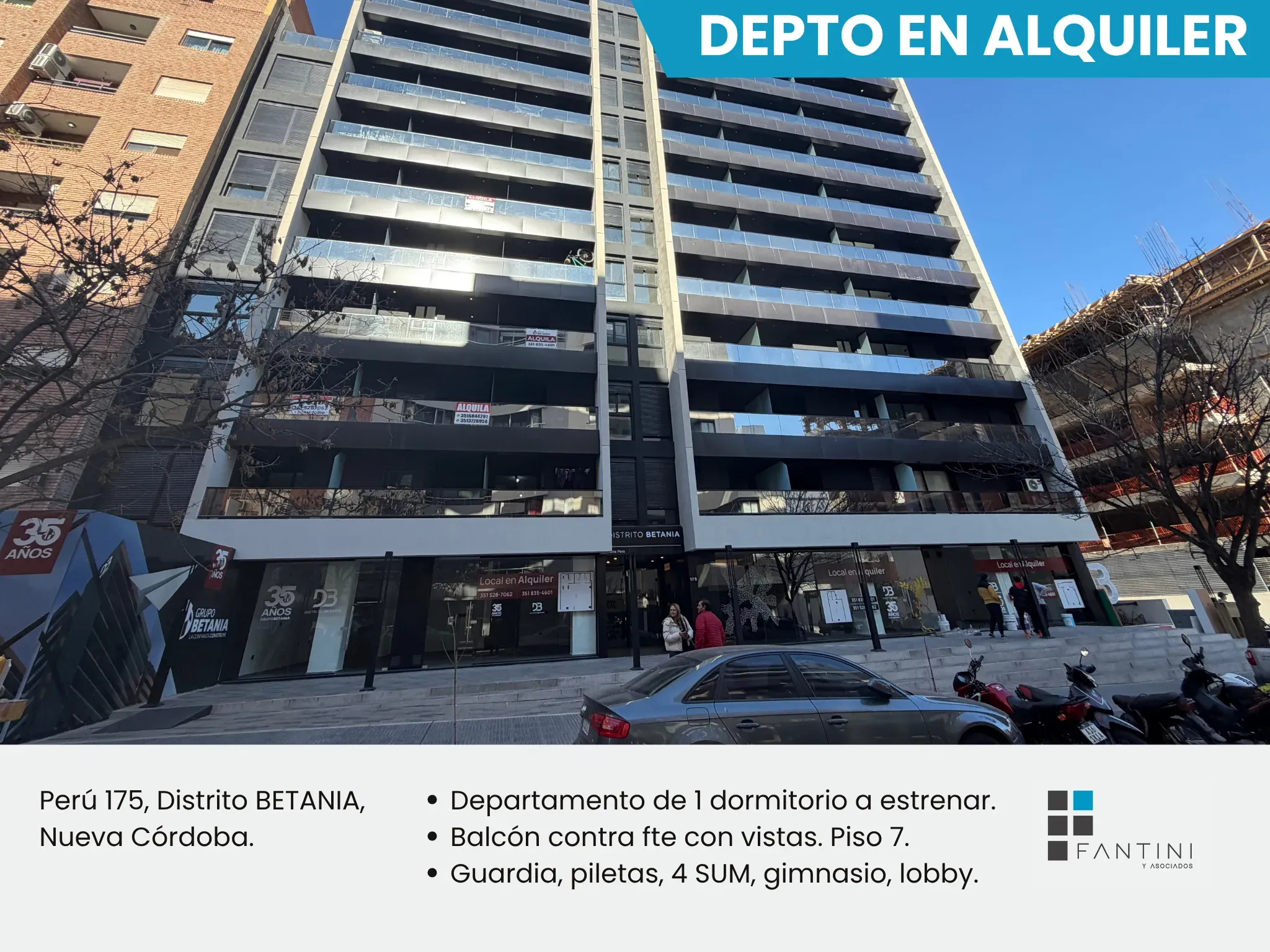 Alquiler Nueva Córdoba. A Estrenar. 1 dormitorio c/balcón. BETANIA. Pileta. SUM. Quincho. Gimnnasio. Perú 175