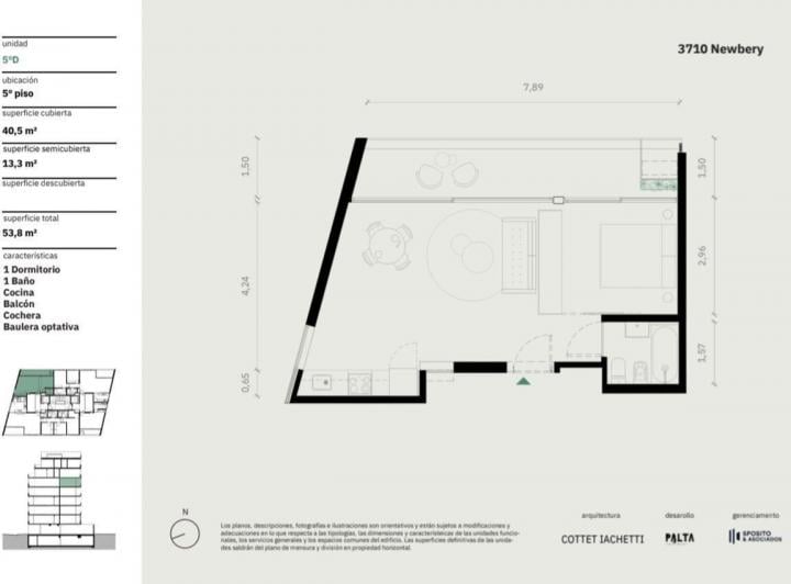 Departamento · 40m² · 1 Ambiente · 1 Cochera