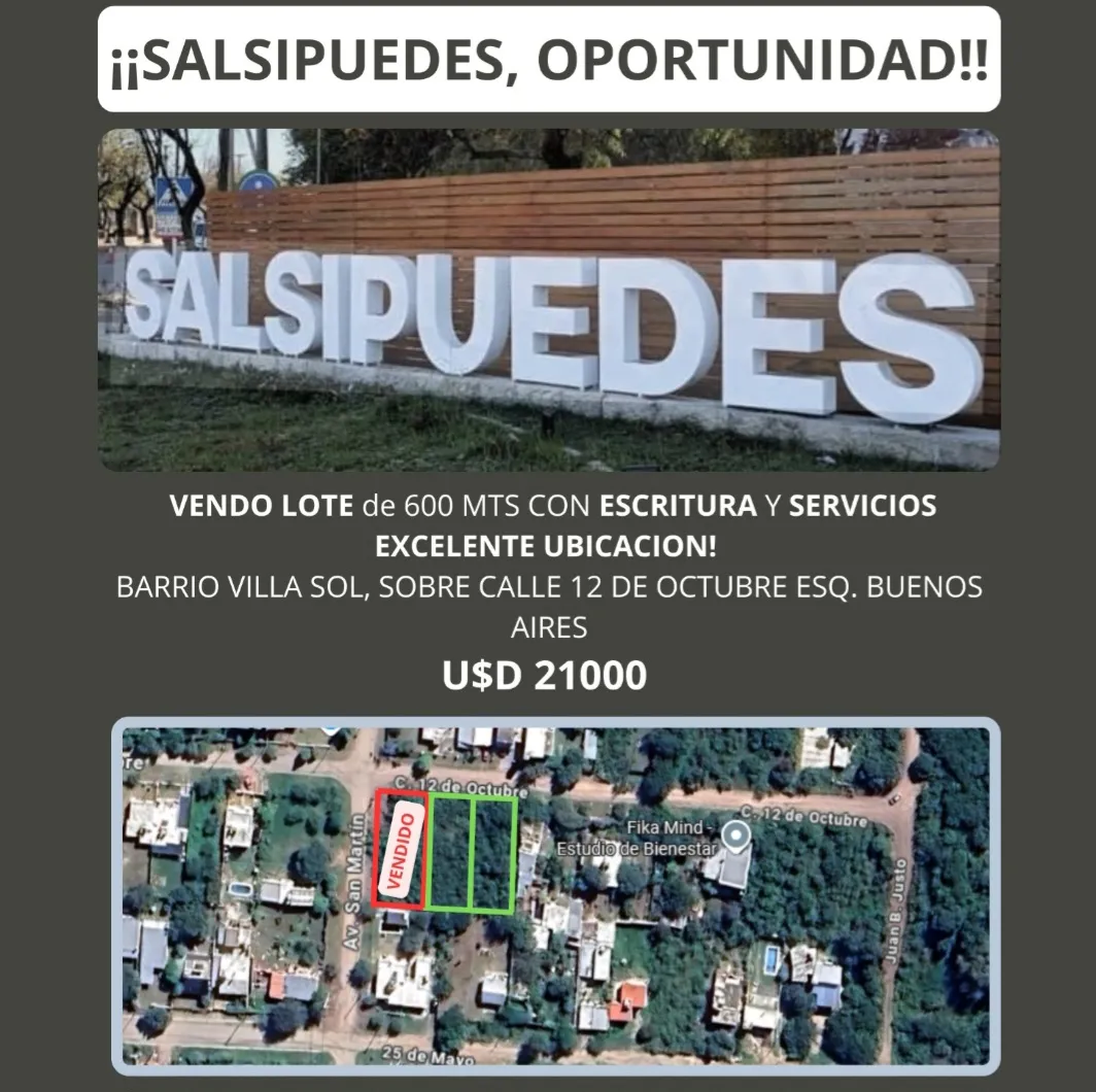 LOTE EN VENTA EN SALSIPUEDES