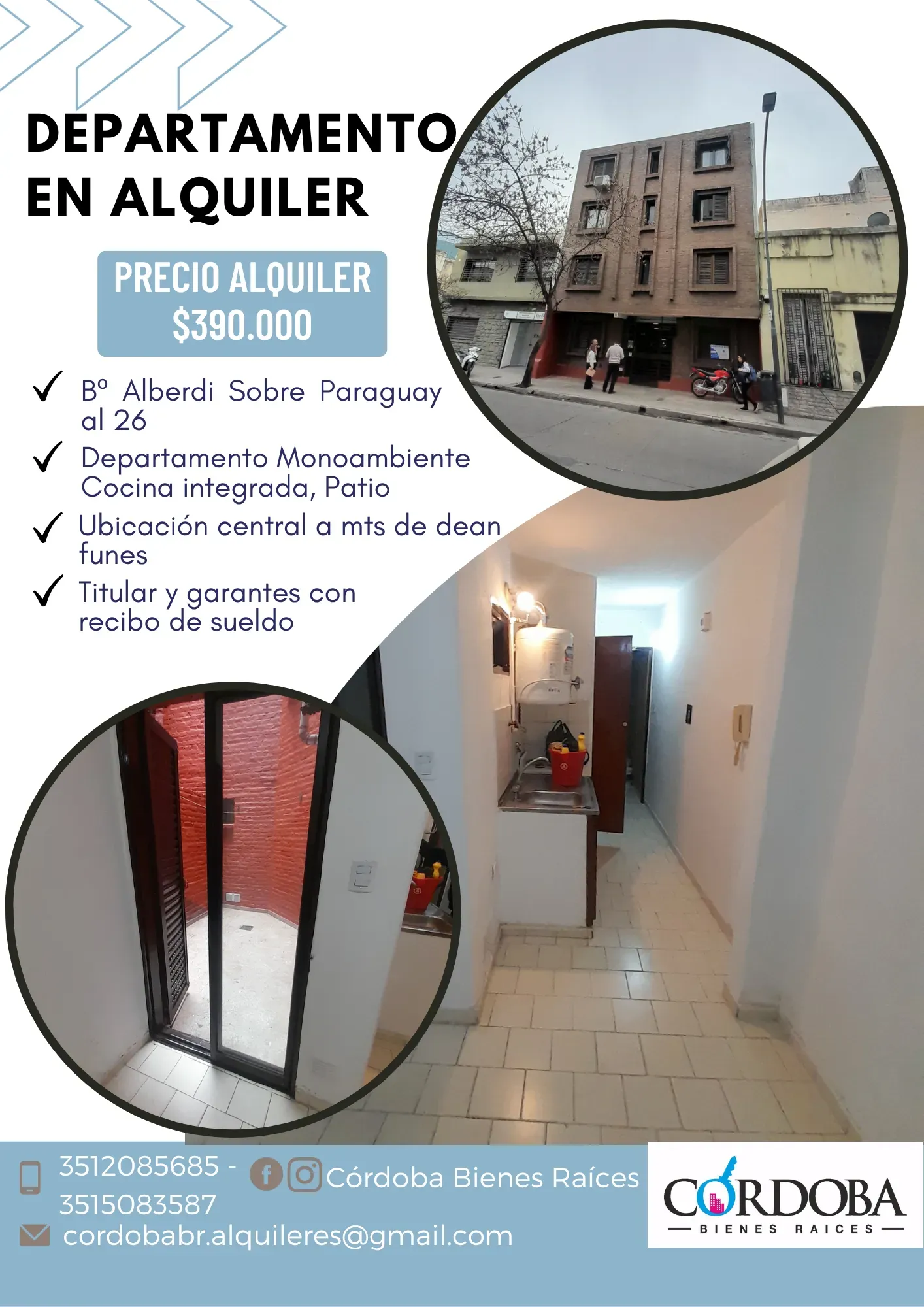 DEPARTAMENTO MONOAMBIENTE EN ALQUILER EN B° ALBERDI CASI CENTRO