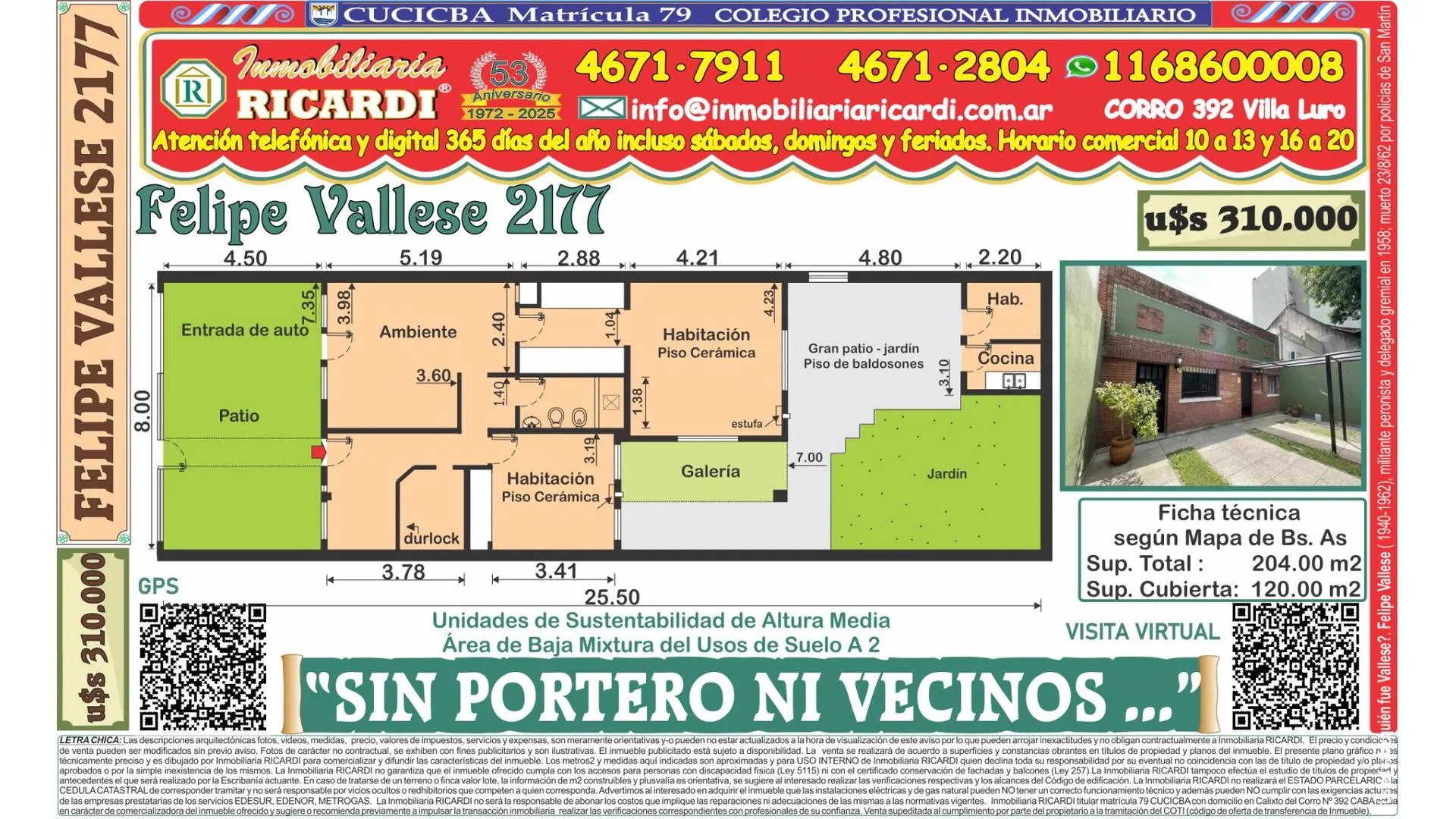 SIN PORTERO NI VECINOS antigua valor lote  8x25,50