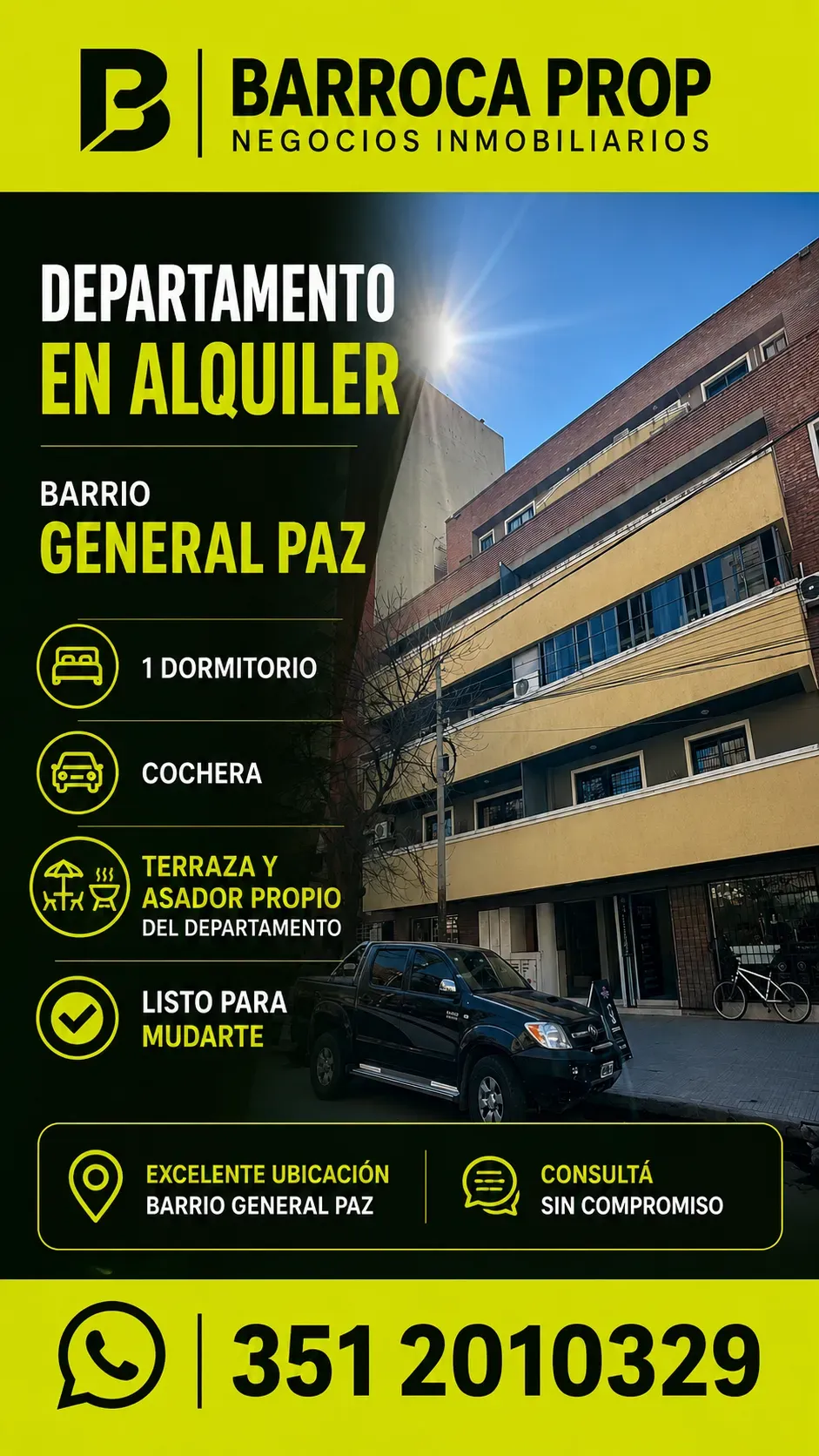 Departamento con Cochera de 1 Dormitorio en Alquiler | General Paz | Terraza Propia con Asador
