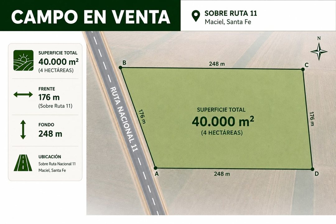 Venta campo 4 hectáreas sobre ruta 11 varios fines