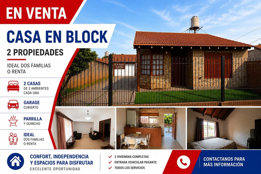 VENTA DE CASA EN BLOCK- 2 CASAS DE 3 AMB. -