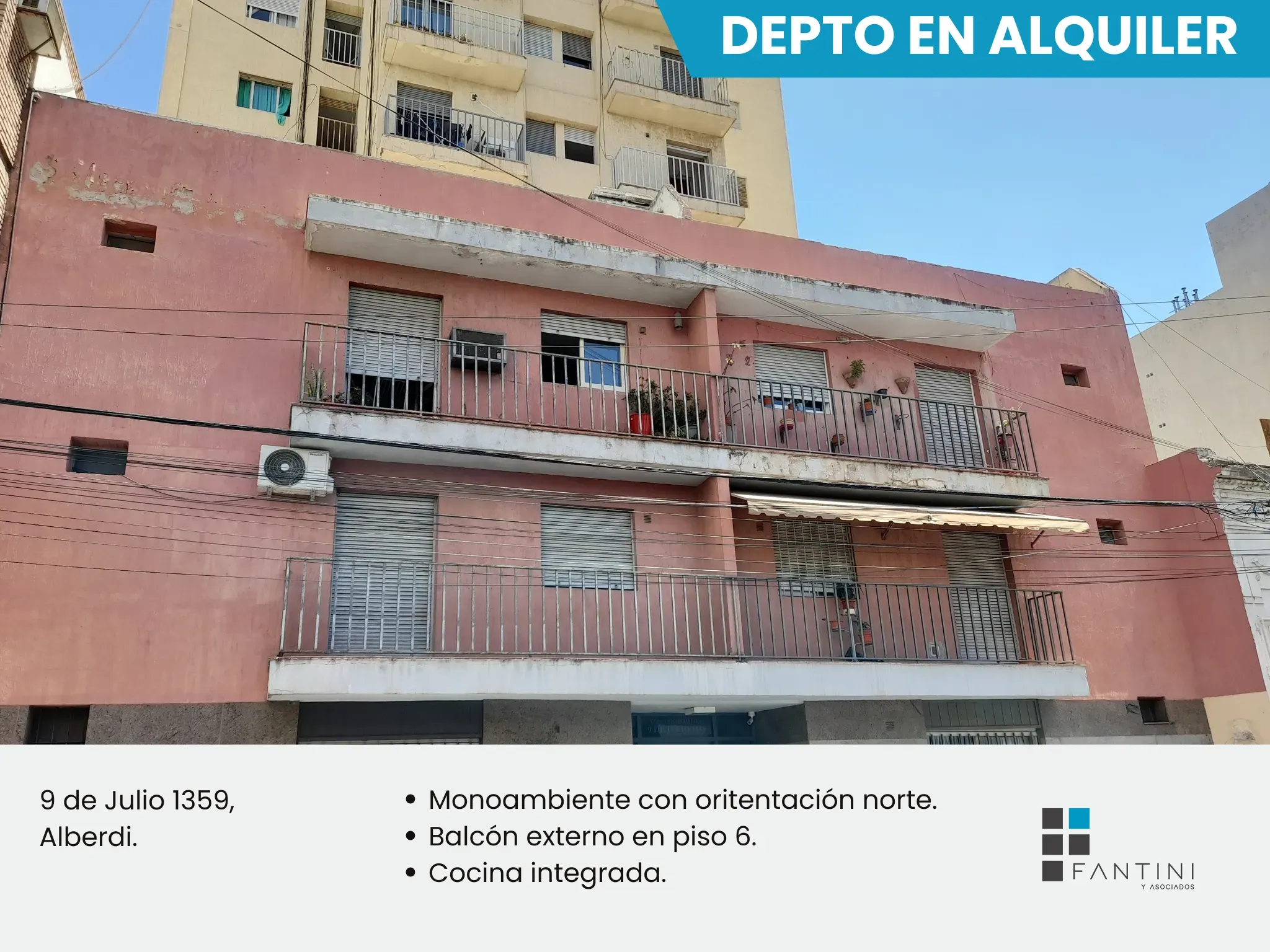 Alquiler Departamento en Alberdi. Monoambiente. Muy Luminoso. Balcón externo. Piso alto