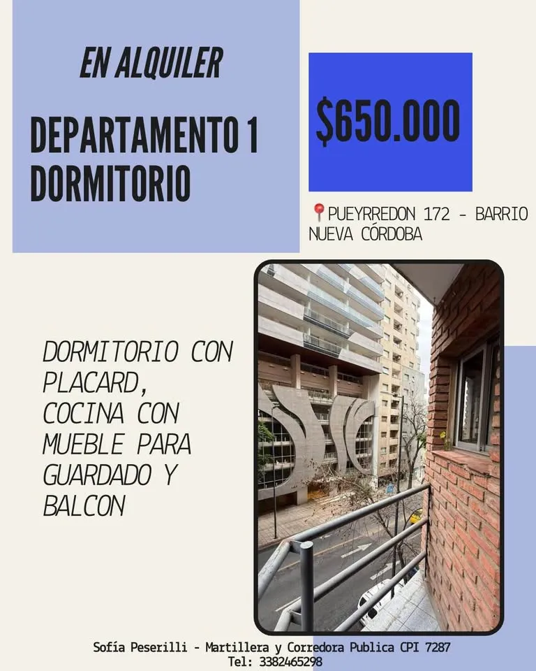 DEPARTAMENTO 1 DORMITORIO EN ALQUILER - NUEVA CORDOBA