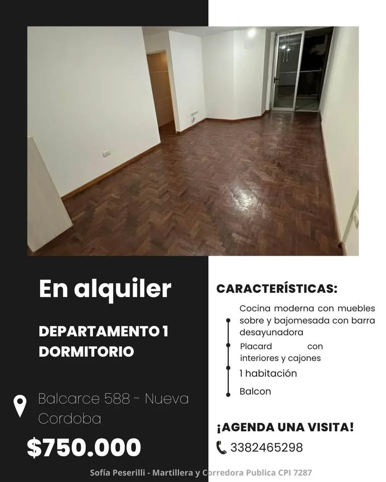 DEPARTAMENTO 1 DORMITORIO EN ALQUILER - NUEVA CORDOBA