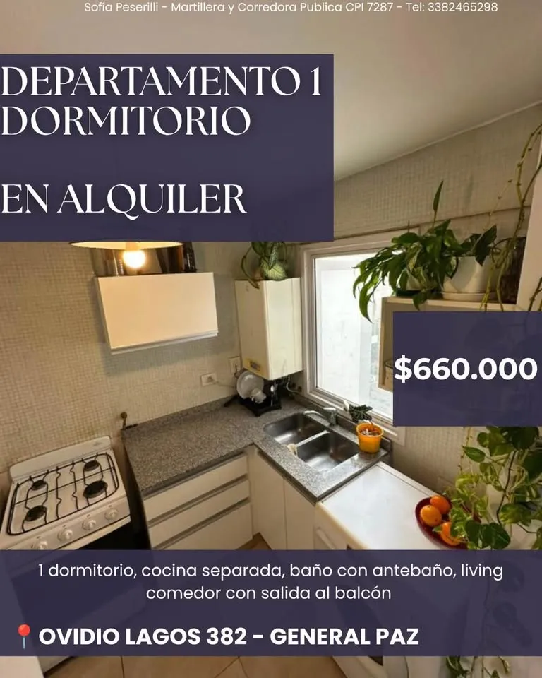 DEPARTAMENTO 1 DORMITORIO EN ALQUILER - BARRIO GENERAL PAZ