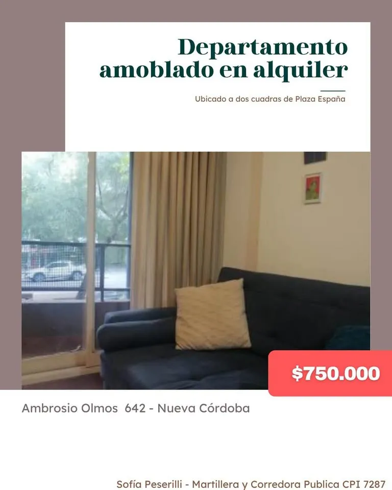 DEPARTAMENTO AMOBLADO 1 DORMITORIO EN ALQUILER - NUEVA CORDOBA