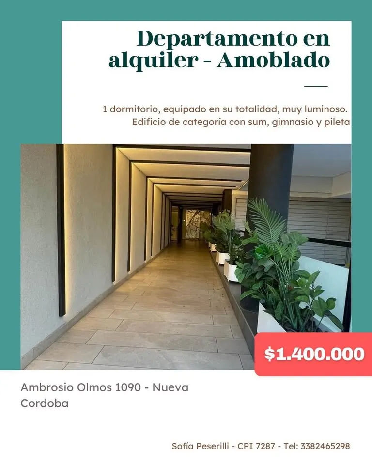 DEPARTAMENTO AMOBLADO 1 DORMITORIO EN ALQUILER - NUEVA CORDOBA