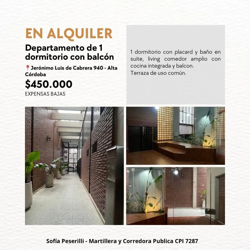 DEPARTAMENTO 1 DORMITORIO EN ALQUILER - ALTA CORDOBA