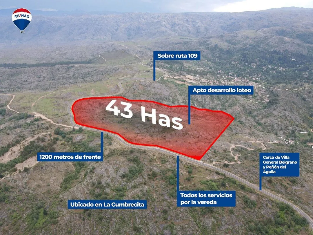 CAMPO 43 HAS CORDOBA CUMBRECITA SOBRE RUTA 109 APTO LOTEO TURISMO SIERRAS DE CORDOBA INVERSION VENTA