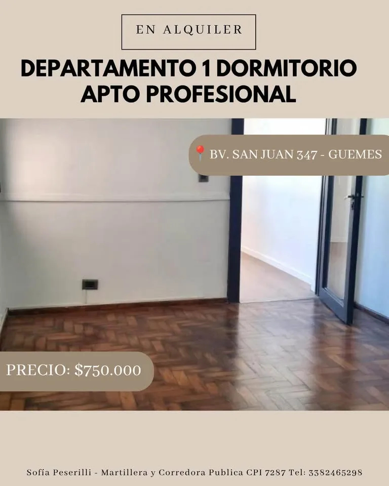 DEPARTAMENTO 1 DORMITORIO EN ALQUILER - APTO PROFESIONAL  GUEMES
