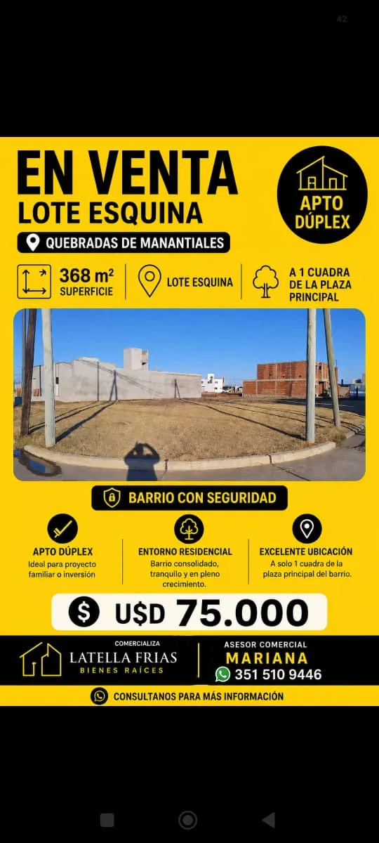 B° QUEBRADA DE MANANTIALES - LOTE ESQUINA APTO DUPLEX