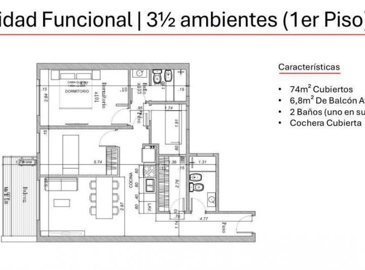 Departamento · 74m² · 3 Ambientes · 1 Cochera