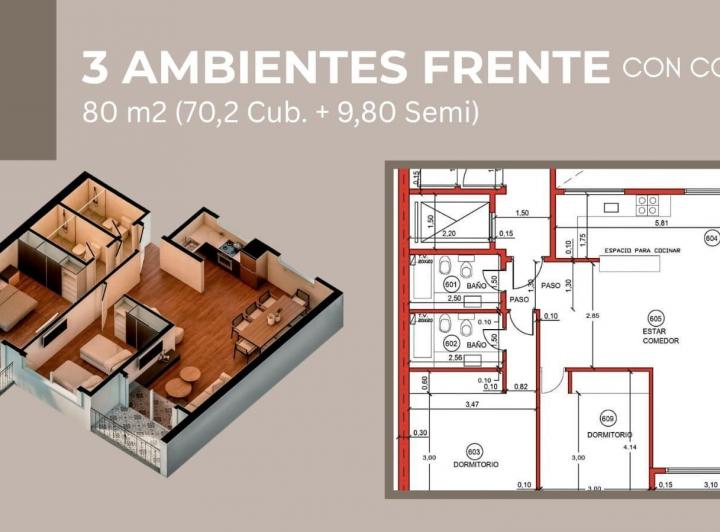 Departamento · 70m² · 3 Ambientes · 1 Cochera