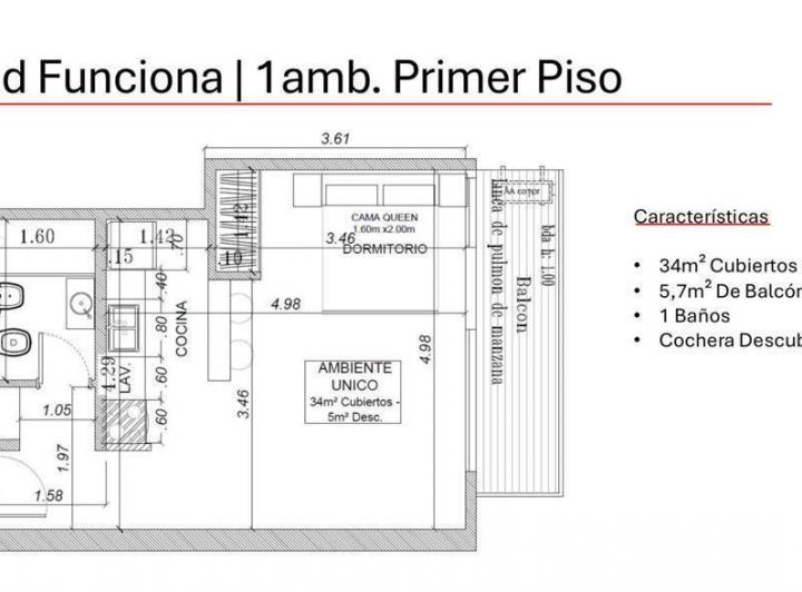 Departamento · 34m² · 1 Ambiente · 1 Cochera