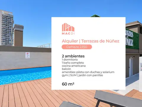 Excelente dpto. en alquiler con amenities a estrenar en terrazas de nuñez.
