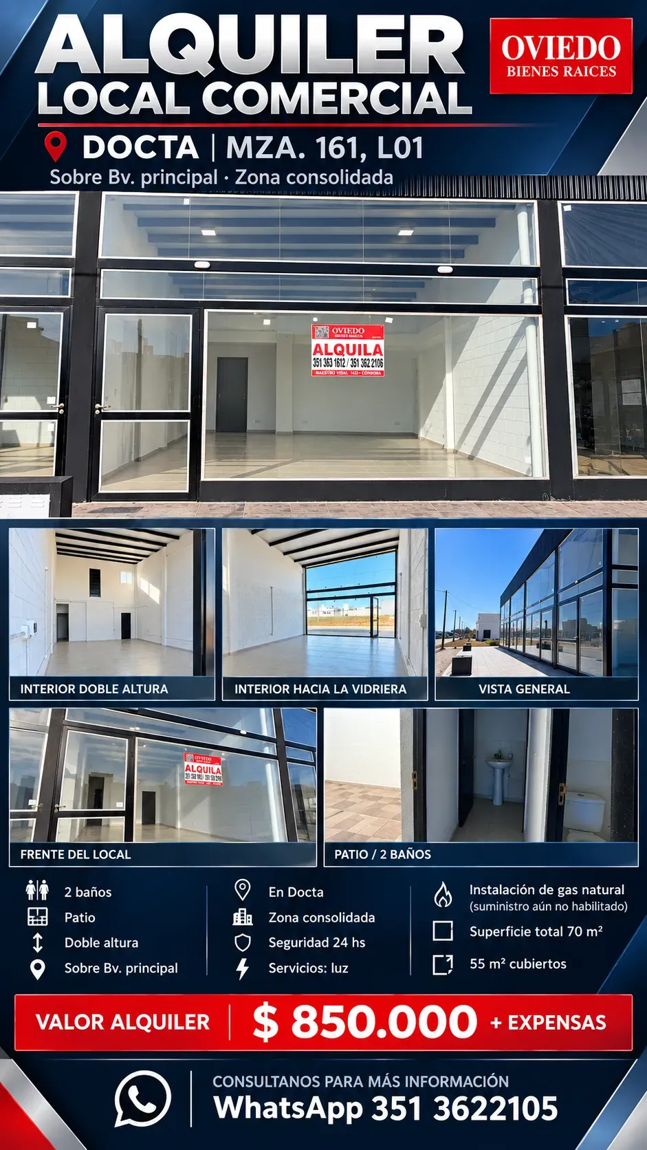 LOCAL COMERCIAL SOBRE BOULEVARD – DOCTA-  Mza. 161 – 2 BAÑOS + PATIO