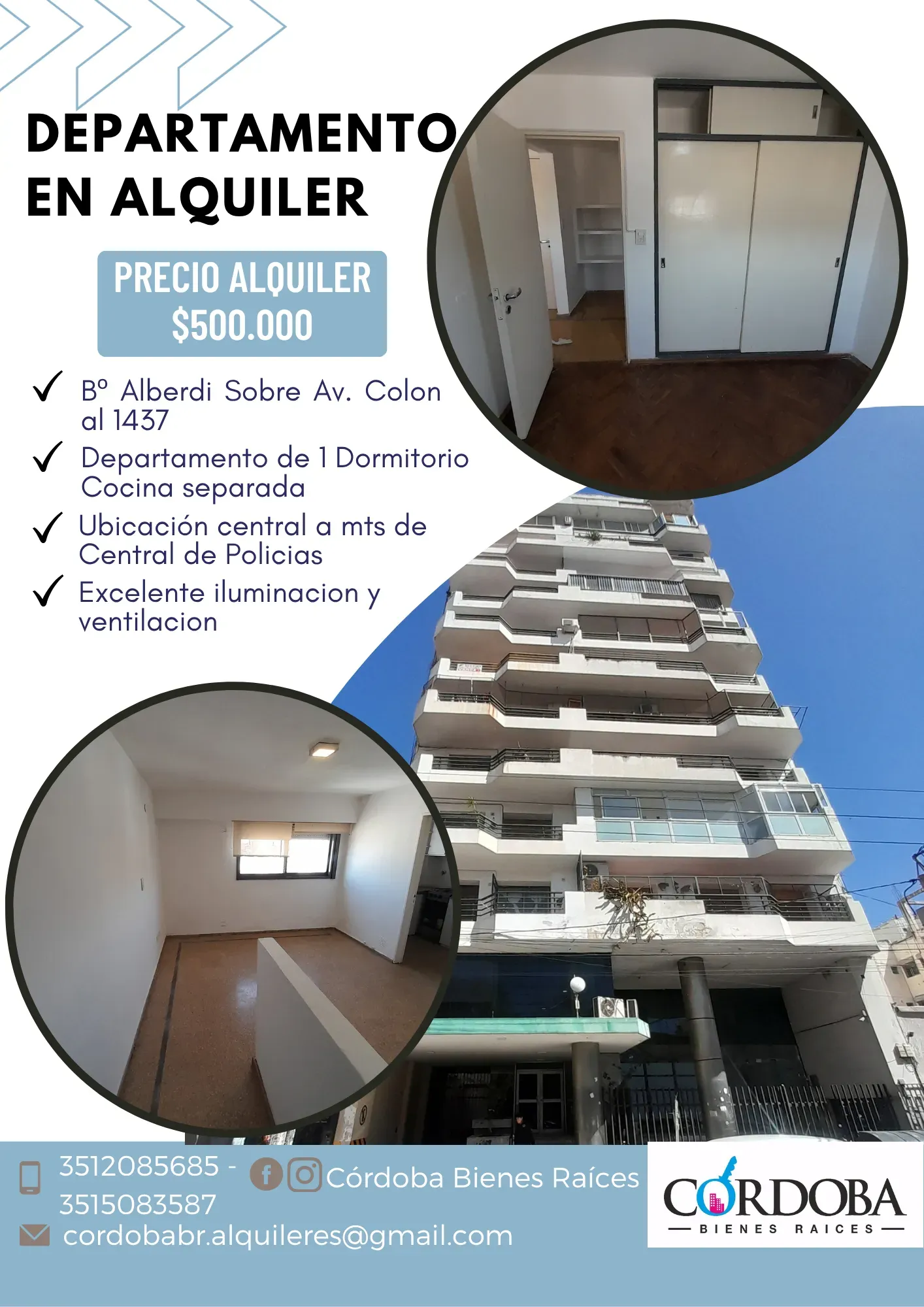 DEPARTAMENTO DE 1 DORMITORIO EN ALQUILER SOBRE AV. COLON ZONA CENTRAL DE POLICIAS