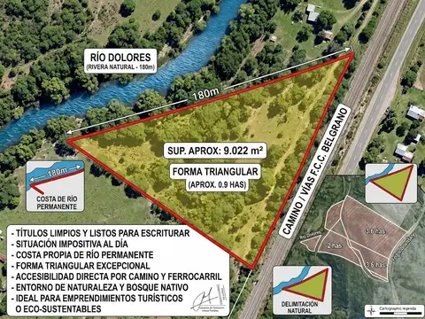 Oportunidad unica | lote de 0.9 ha con 180m costa de rio dolores - san roque / punilla