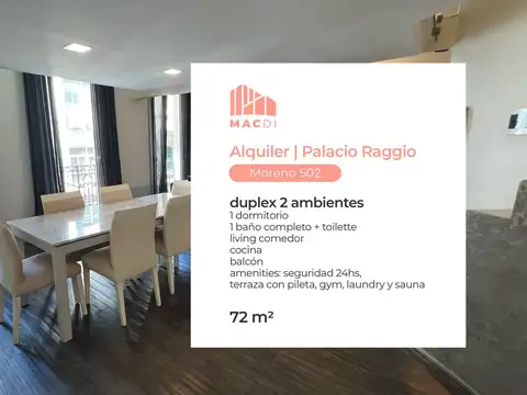 Excelente dpto. en alquiler totalmente equipado en el palacio raggio.