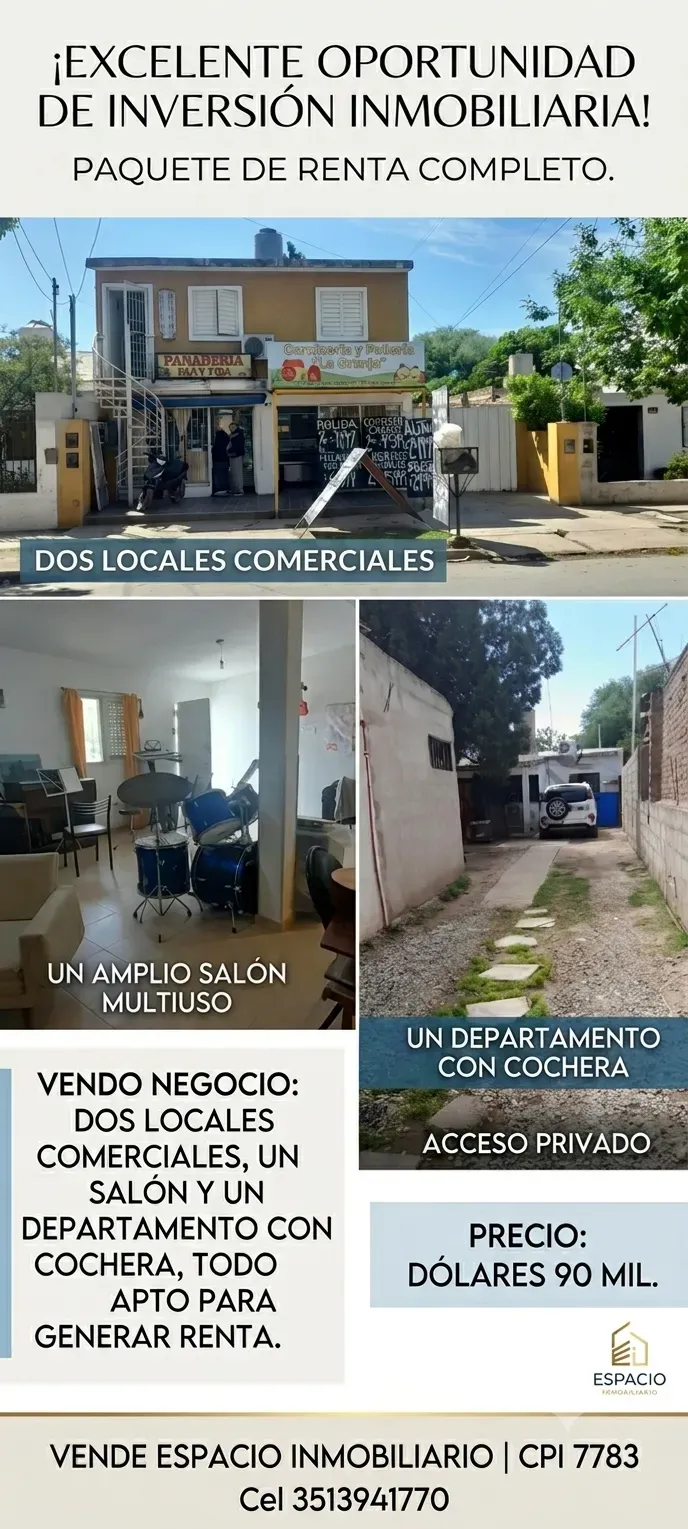 Oportunidad de inversión, dos locales, un salón y un departamento. Todo alquilado