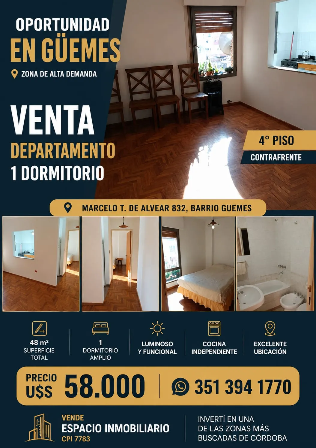 Guemes, departamento sobre Cañada a metros de Av Pueyrredon